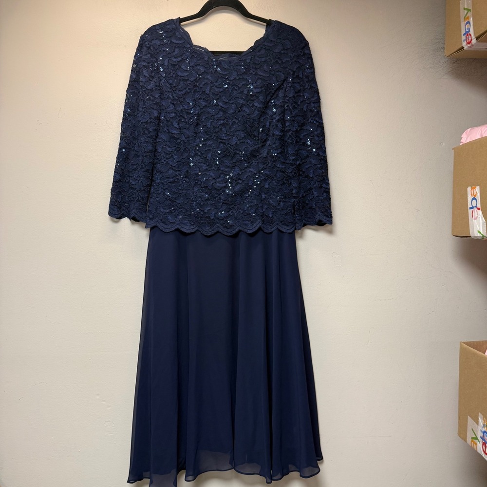 Alex Evenings Lace Gown Women 10 Navy Blue Excellent Sequined Chiffon Midi Dress